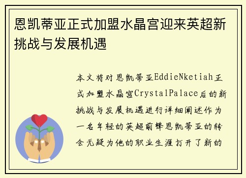 恩凯蒂亚正式加盟水晶宫迎来英超新挑战与发展机遇 恩凯蒂亚正式加盟水晶宫迎来英超新挑战与发展机遇