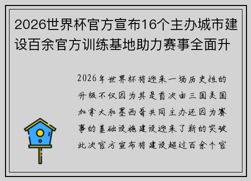 2026世界杯官方宣布16个主办城市建设百余官方训练基地助力赛事全面升级 ⚽ 2026世界杯官方宣布16个主办城市建设百余官方训练基地助力赛事全面升级 ⚽